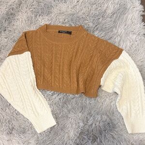 Brave Soul Two-Tone Cropped Cable Knit Sweater - Camel and Cream Xs